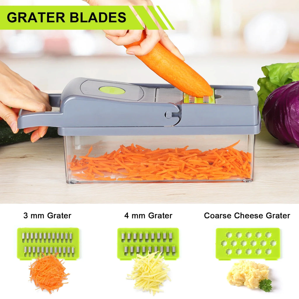 14 in 1 Vegetable Chopper, Multifunctional Food Chopper Vegetable Fruit Cutter Dicer Slicer with 8 Blades, Onion Chopper with Container & Drain Basket